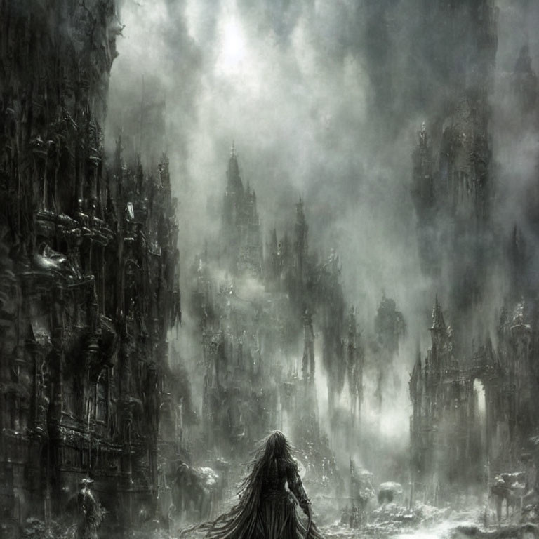 Long-haired person in front of foggy gothic landscape