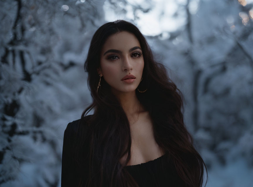 Dark-haired woman with make-up in winter forest, black top, earrings, surrounded by snow-covered trees