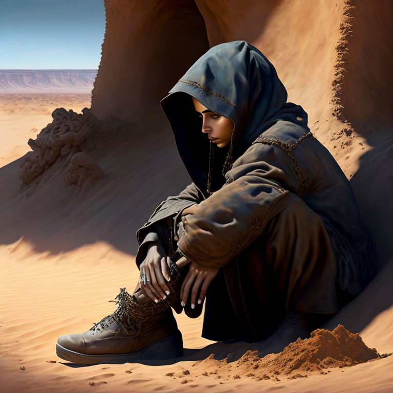 Hooded figure sitting on desert sand under clear sky