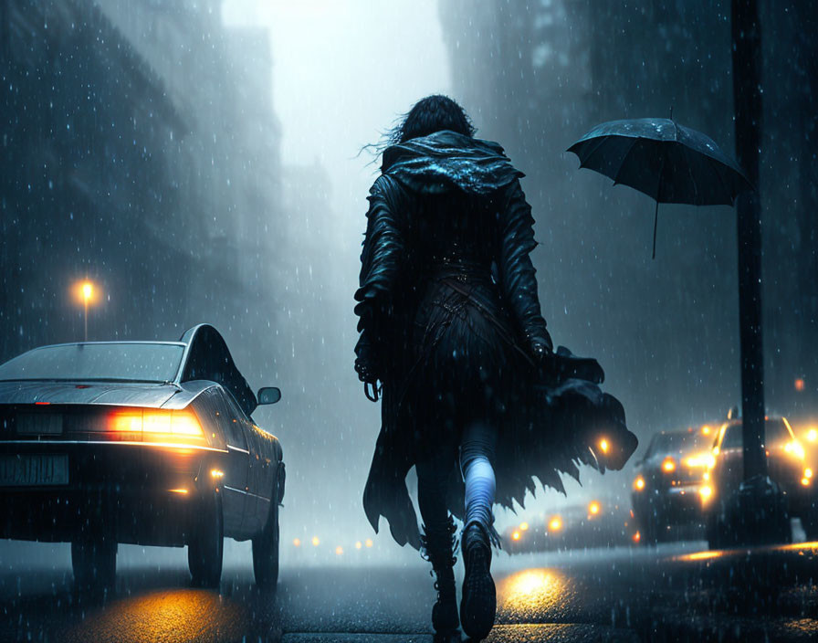 Nighttime rain scene: person running, car nearby, flying umbrella, illuminated by lights