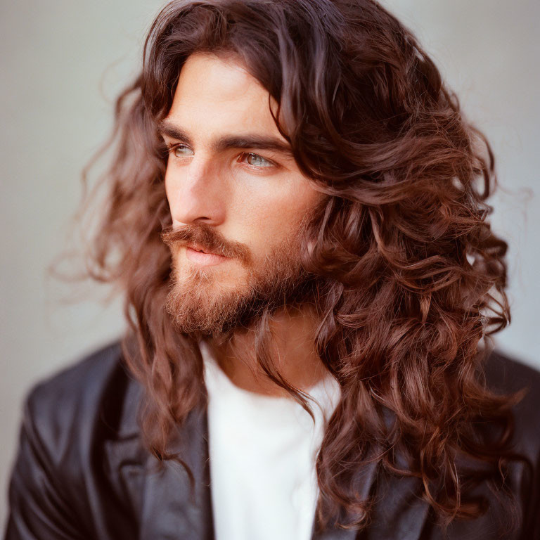 Man with Long Curly Brown Hair and Beard in Black Jacket Portrait