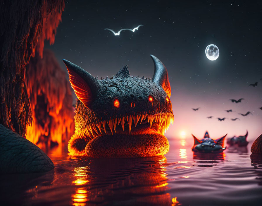 Fantasy night scene: dragon-like creature, glowing eyes, bats, full moon.