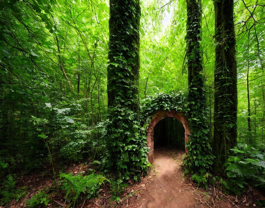 Ivy-covered archway in lush forest invites exploration