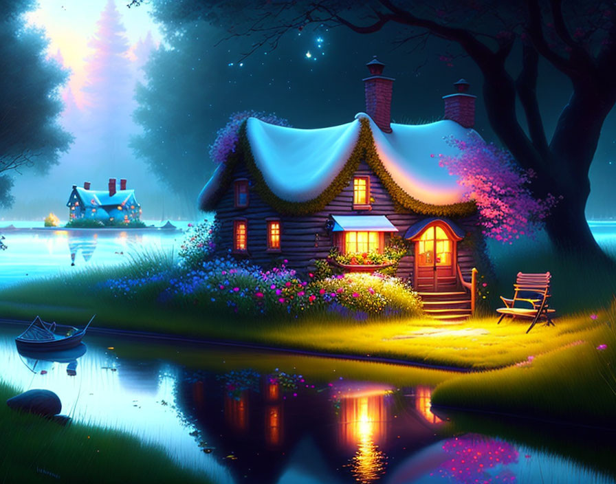 Riverside cottage with glowing interior at twilight