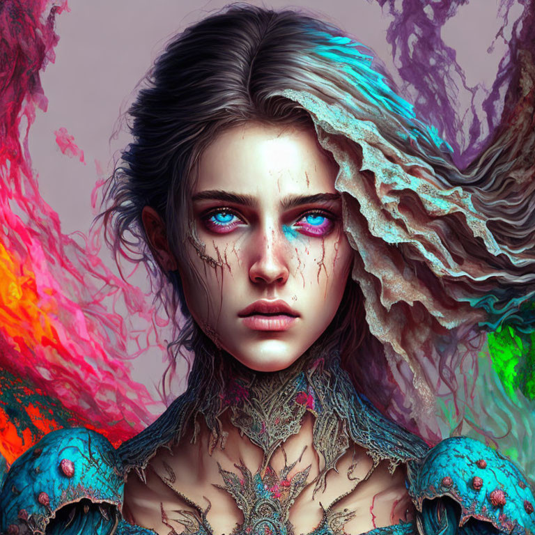 Vivid blue-eyed woman in intricate armor on colorful abstract backdrop