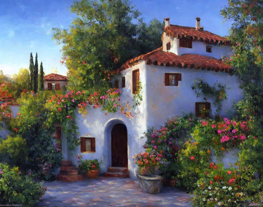 White Stucco House with Terracotta Roof Tiles and Pink Flowers in Sunlight