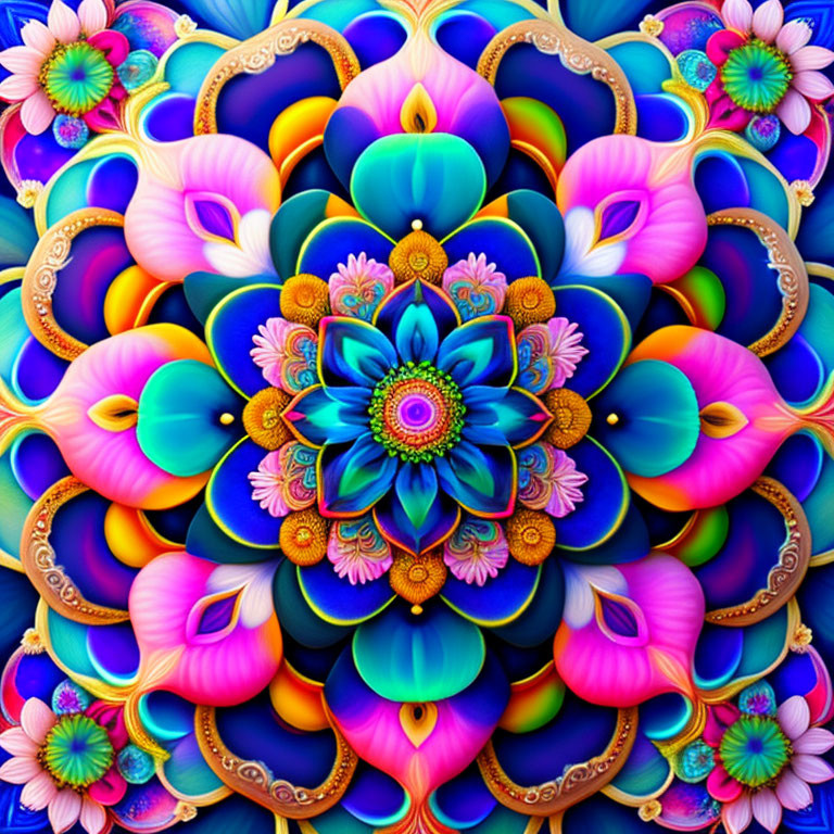 Symmetrical digital artwork: Vibrant layered flowers with intricate patterns