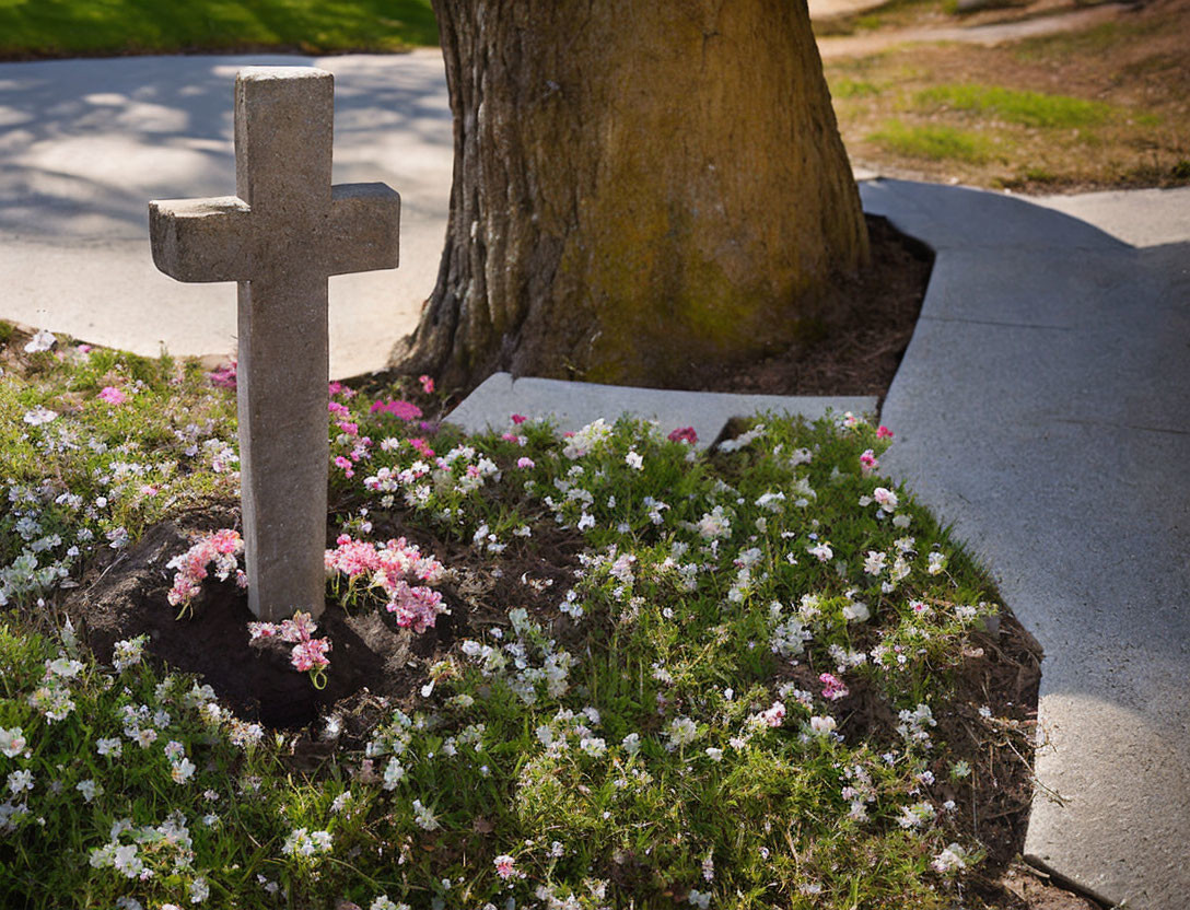 Stone cross near blooming flowers and tree on curved concrete path