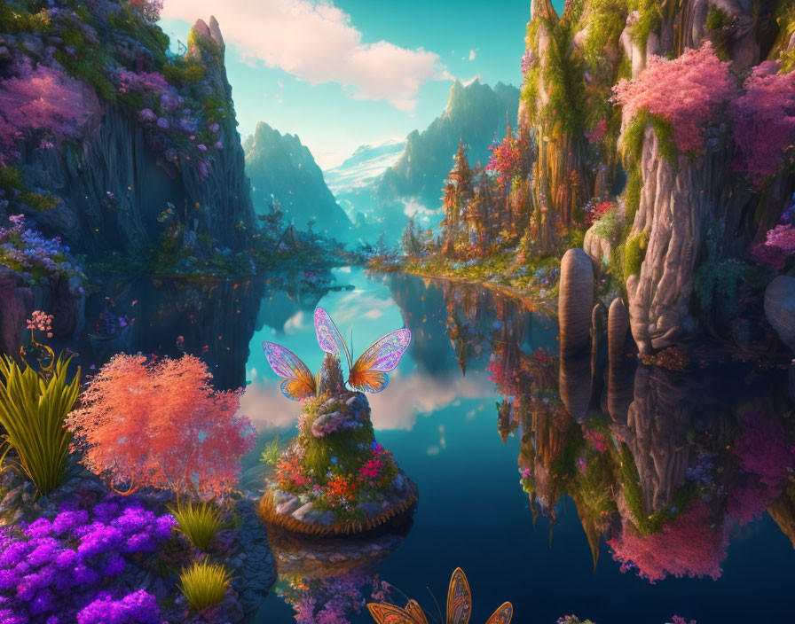 Vibrant flora, calm river, floating islands, butterfly creature in majestic mountain landscape