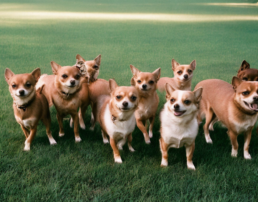 Eight Chihuahuas with different expressions on grass