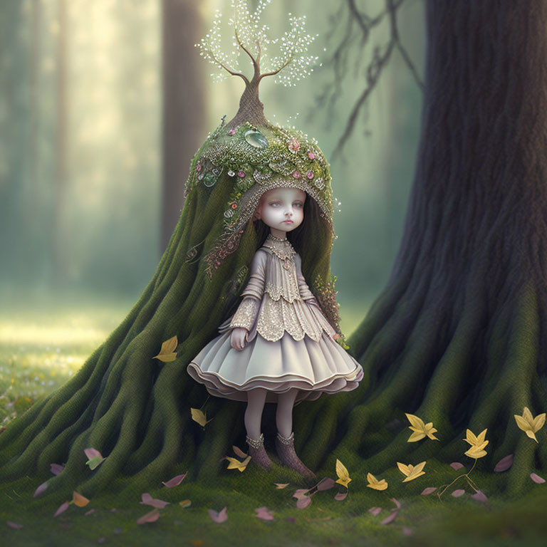 Tree-shaped headdress doll in leafy gown among fallen leaves