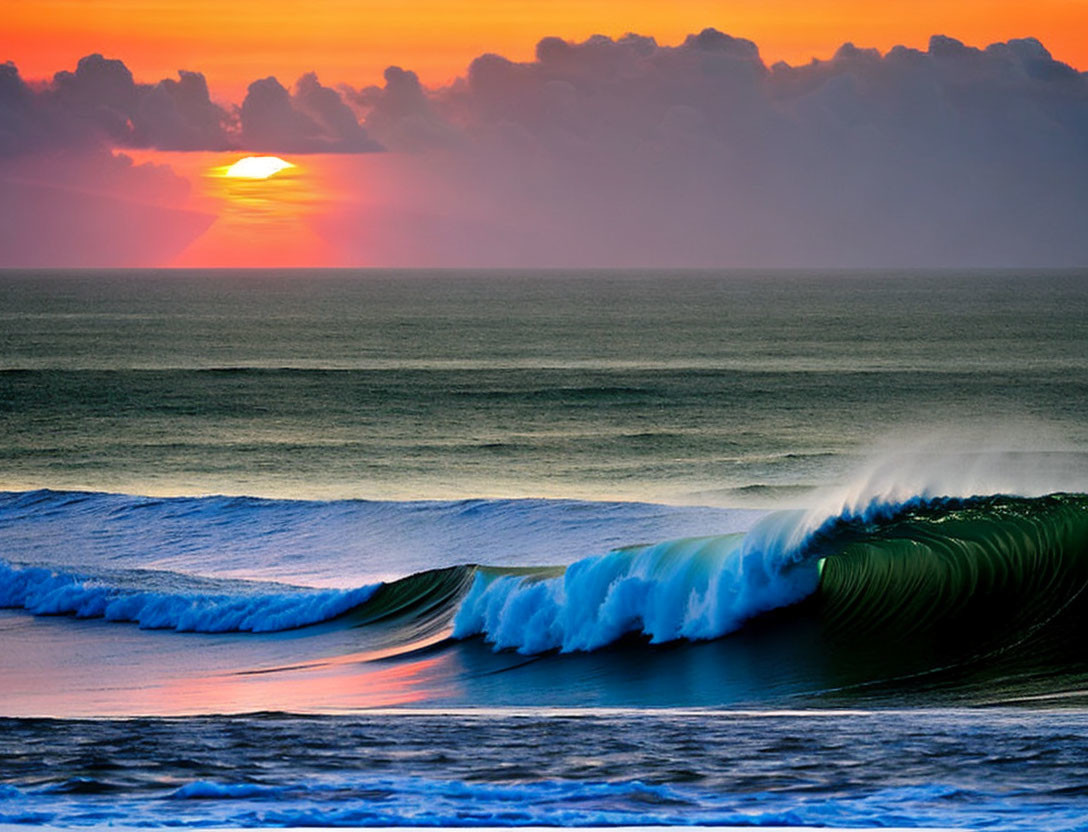 Vibrant sunset over ocean waves breaking.