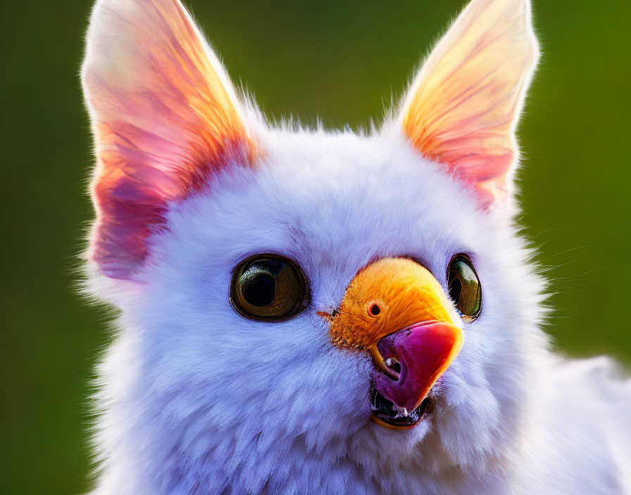 Fantastical creature with fluffy white fur and orange beak on green background