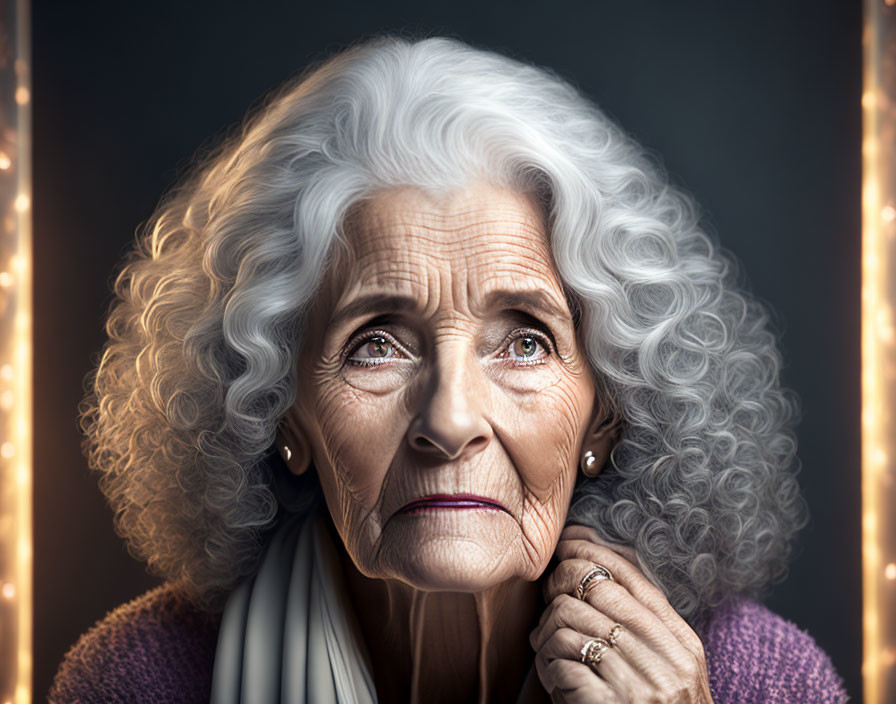 Contemplative elderly woman with white hair and deep wrinkles in soft glowing lights