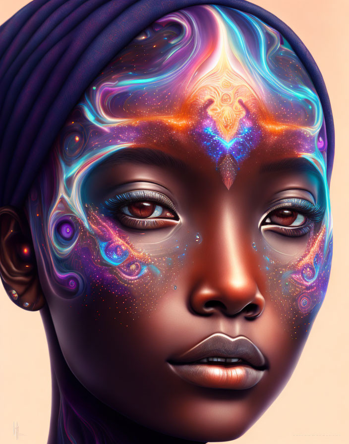 Cosmic-themed digital portrait of a woman with starry patterns and nebula colors