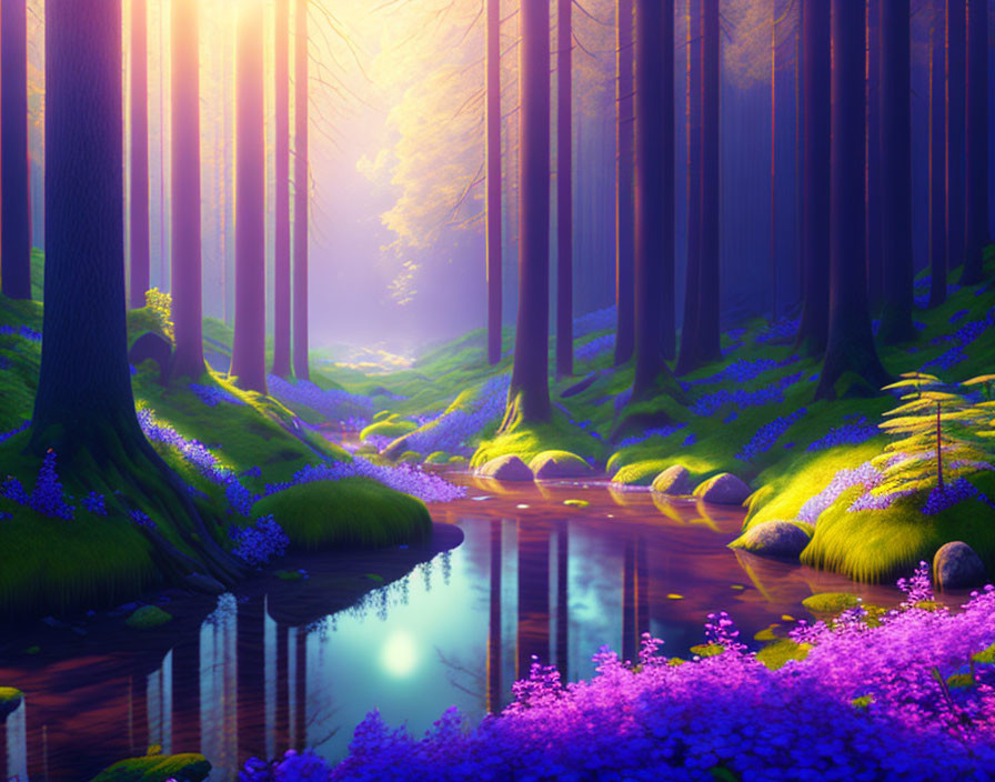 Vibrant purple flowers in serene forest stream scene