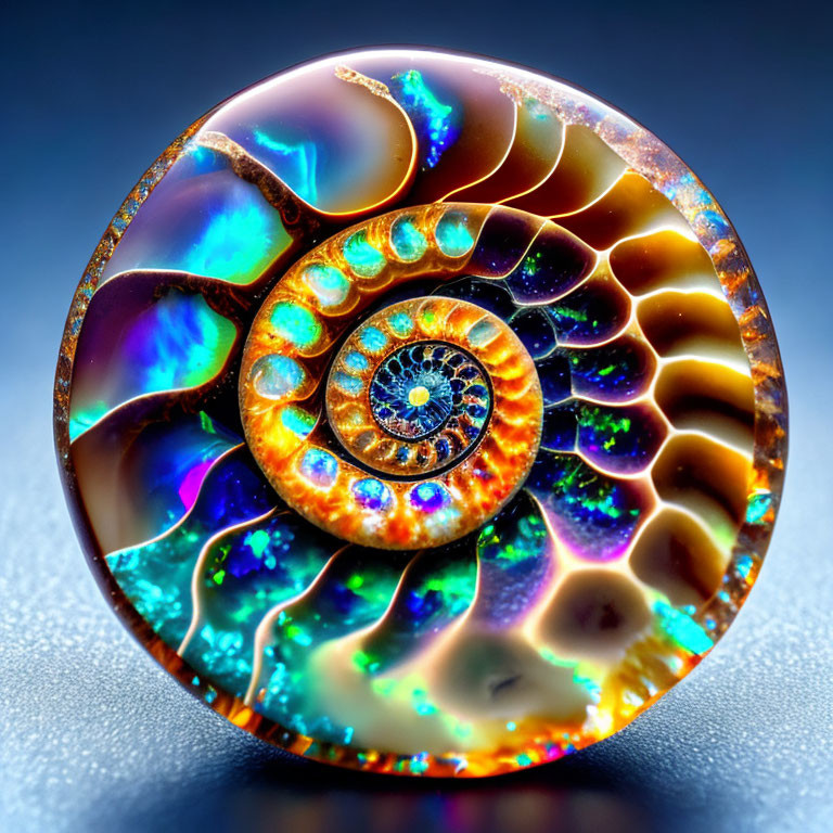 Iridescent Spiral Gemstone with Nautilus Shell Structure