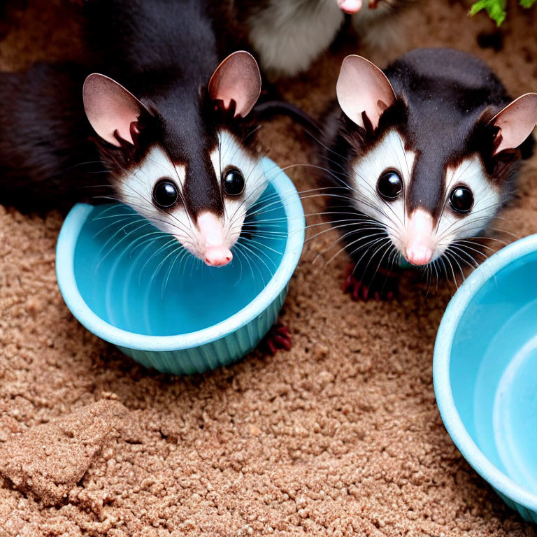 Curious opossums peeking over blue bowls on sandy surface