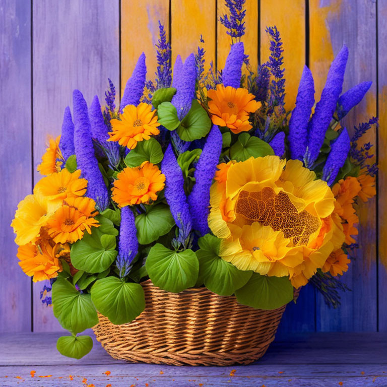 Colorful Floral Arrangement in Wicker Basket with Lupines, Poppies, and Dais