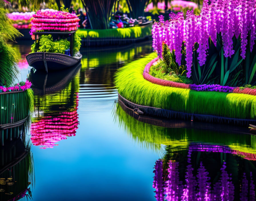 Tranquil garden landscape with colorful flowers, greenery, water, and boat