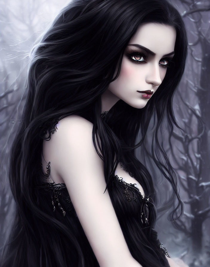 Digital artwork of woman with long black hair and pale skin against misty tree-lined background