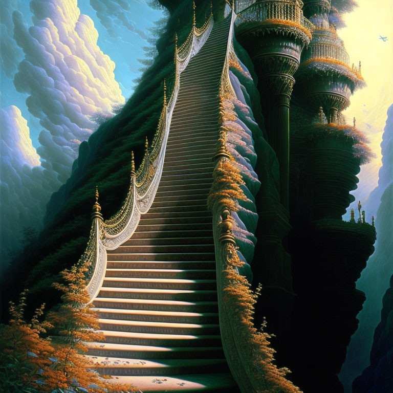 Ornate grand staircase ascends to fantastical tower amid clouds