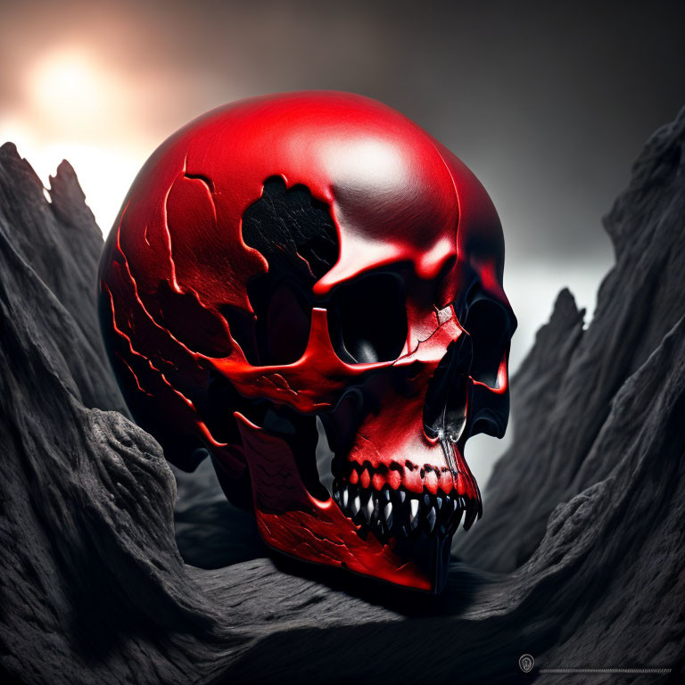 Red glossy skull on dark mountainous background