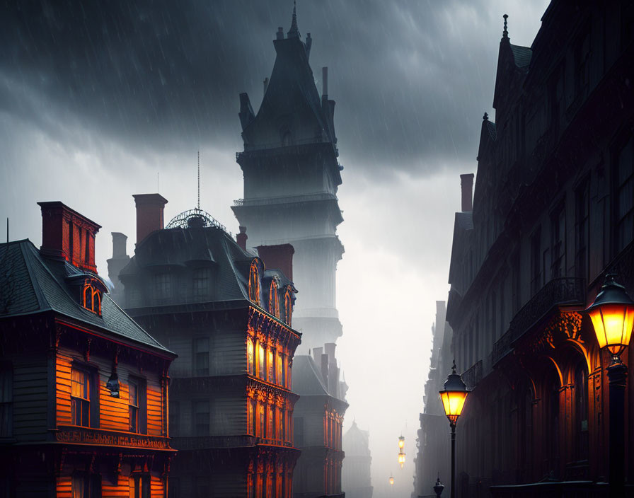 Rain-soaked street with Victorian-style buildings under stormy sky