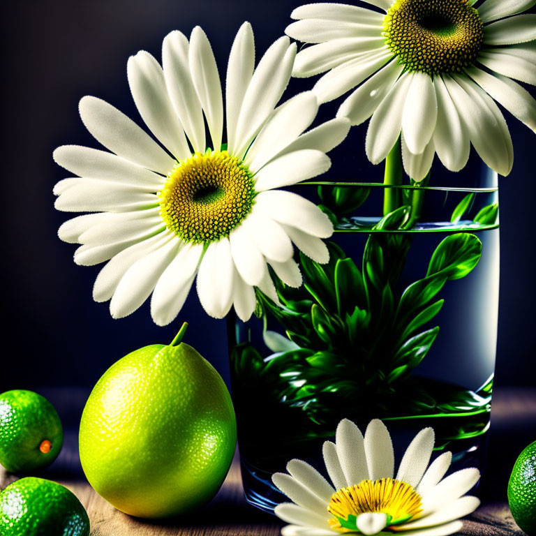 Fresh white daisies and yellow-centered limes on wooden surface