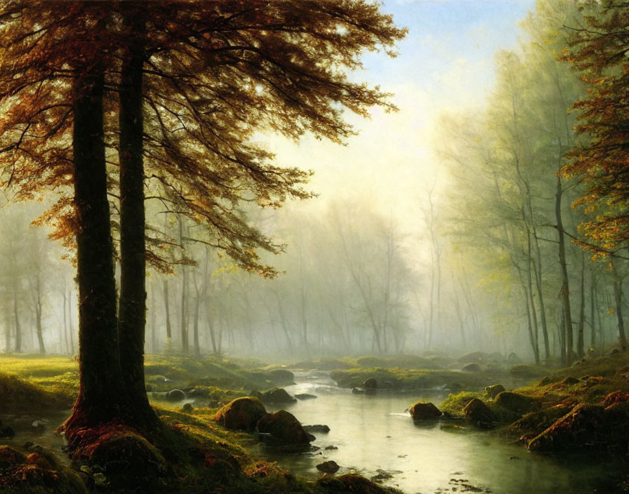 Tranquil forest scene with sunlight, mist, stream, rocks, trees, autumn colors