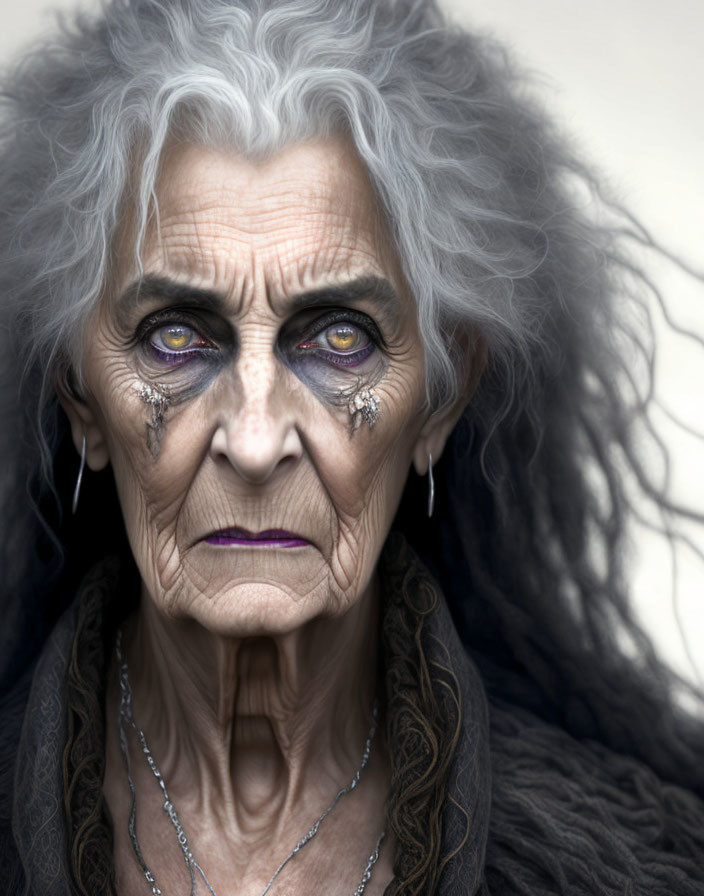 Elderly Woman with Grey Hair and Intense Gaze in Purple Makeup