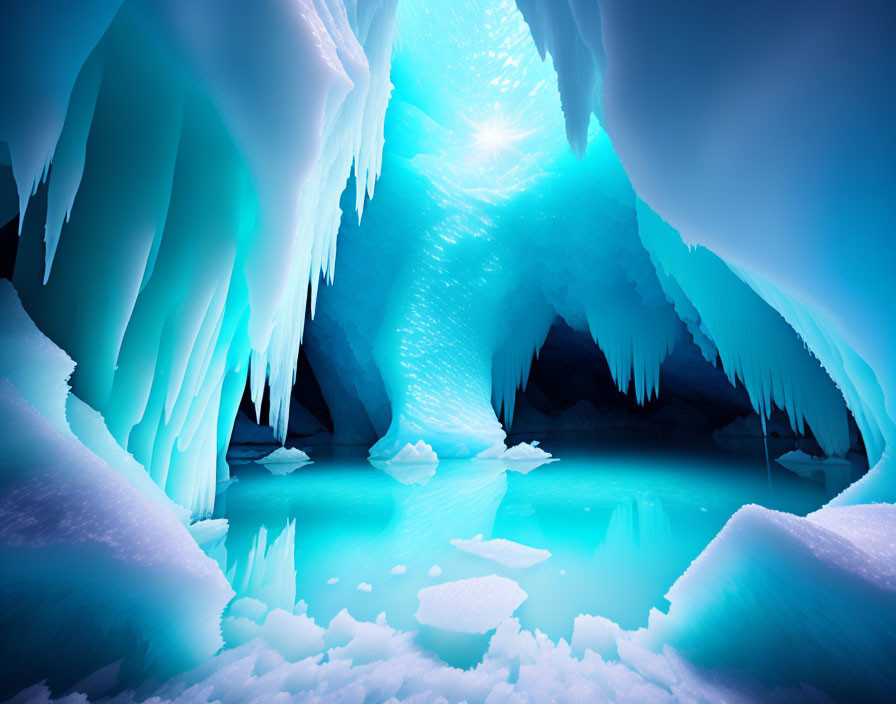 Sunlit Ice Cave: Tranquil Blue Glow, Icicles & Formations