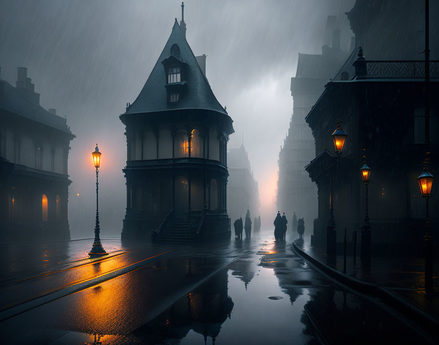 Rainy street scene with vintage lampposts and Victorian house.