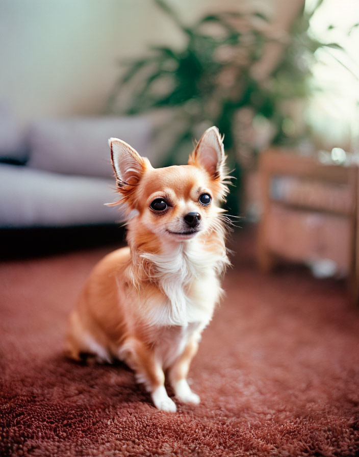 Small Tan Chihuahua with Large Ears on Fluffy Brown Carpet