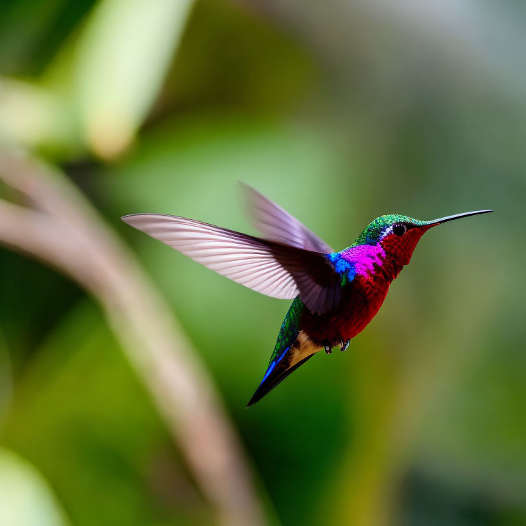 Colorful Hummingbird in Flight with Blurred Wings and Green Background