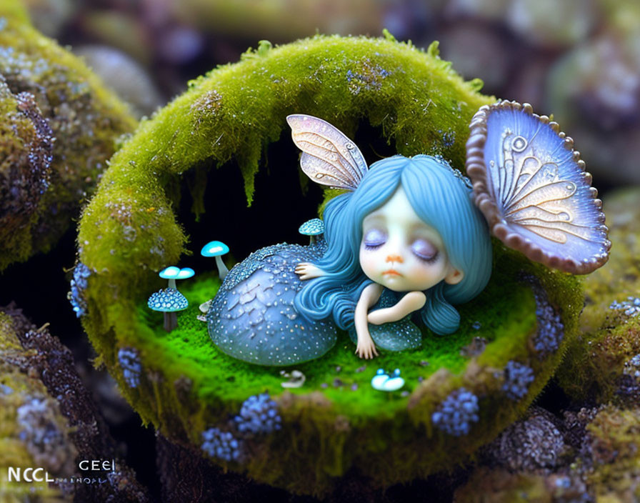 Illustration of tiny fairy with blue hair sleeping in mossy knothole among blue mushrooms