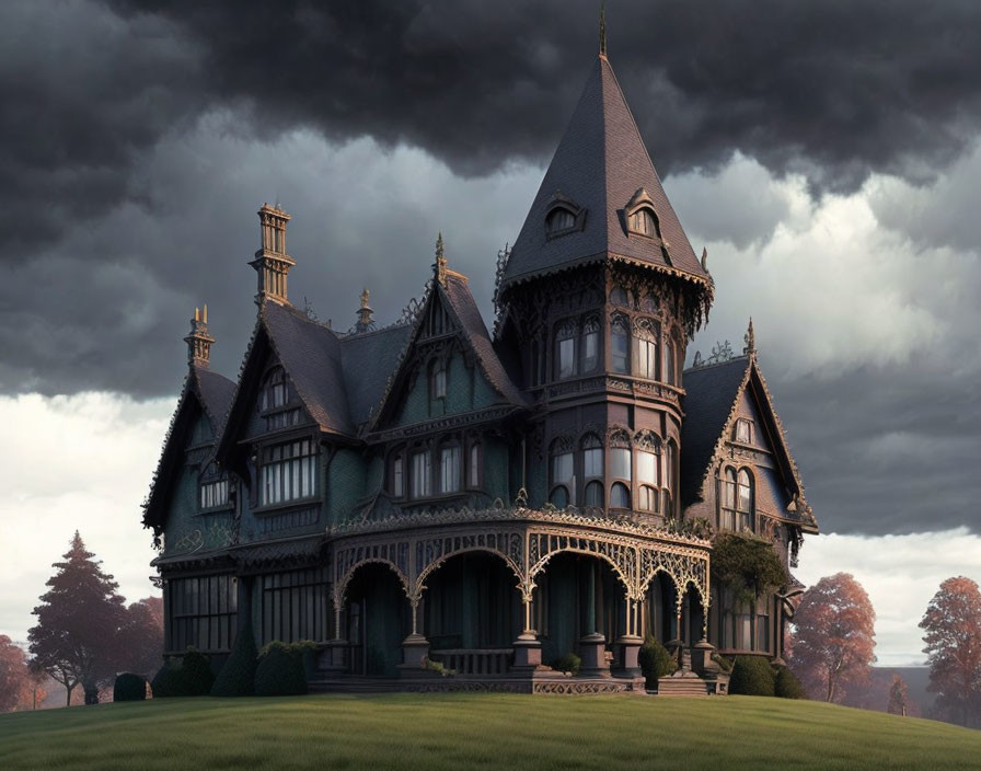 Victorian mansion with Gothic elements on grassy hill under stormy sky