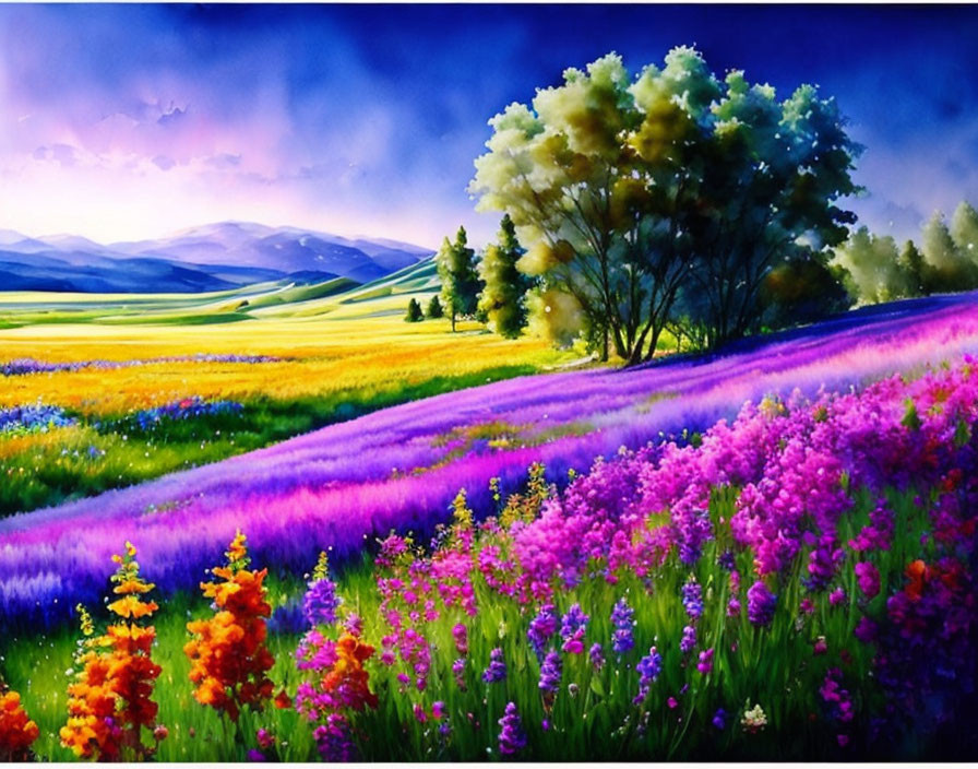 Colorful Flowers, Green Hills, Trees, and Purple Sky Landscape