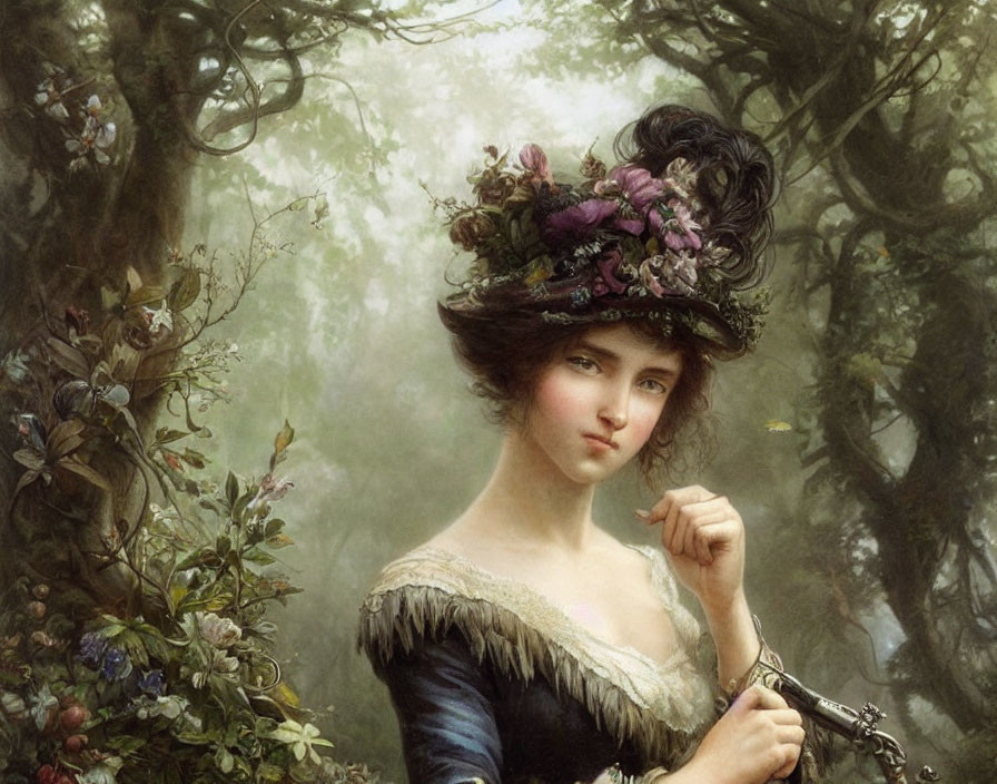 Portrait of woman with flower-adorned hat in misty forest backdrop