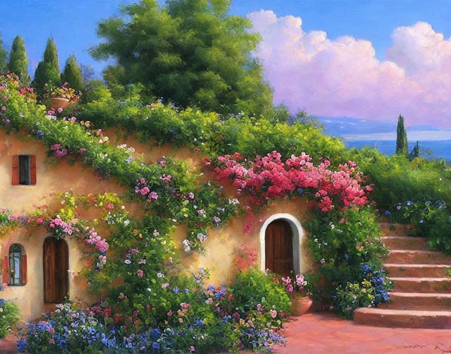 Tranquil villa painting with blooming flowers and serene sky