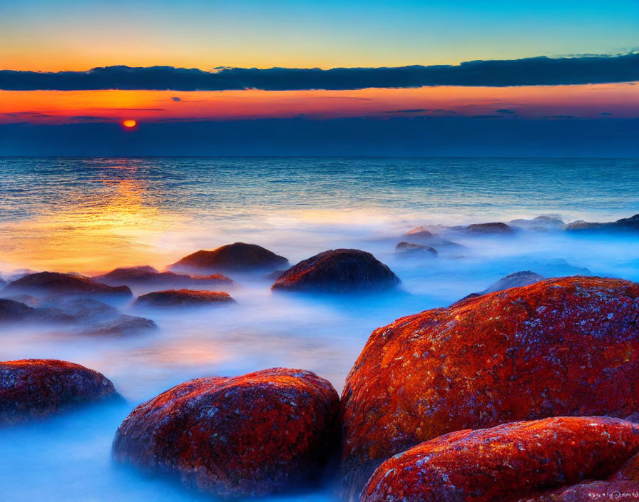 Scenic sunset over rocky seashore with misty waves and warm-hued sky