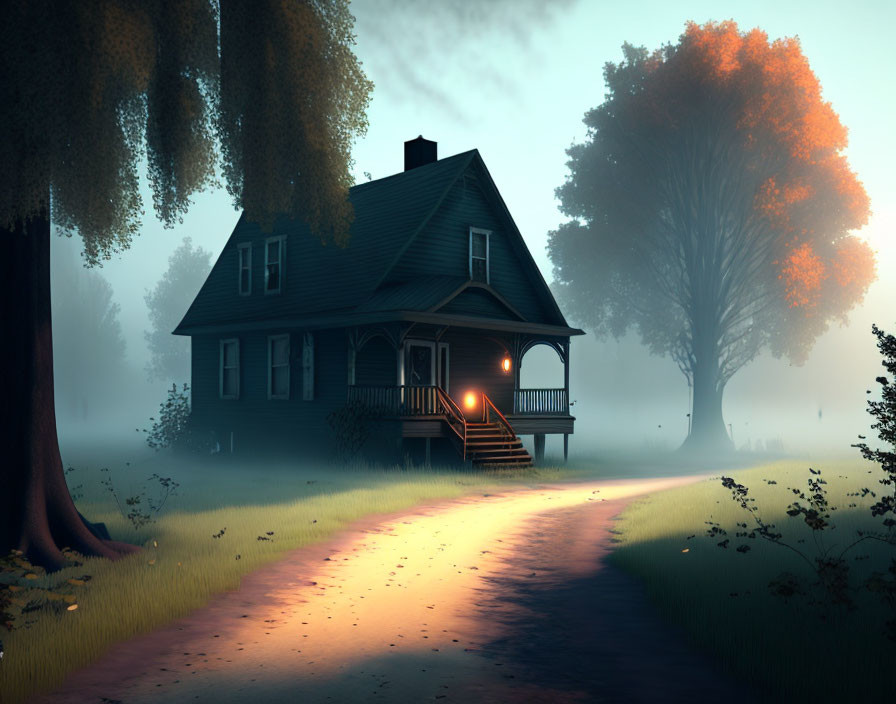 Cozy Green House with Front Porch in Misty Dusk Landscape