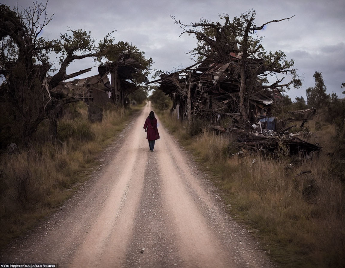 Person in red coat walking on desolate dirt road under moody sky