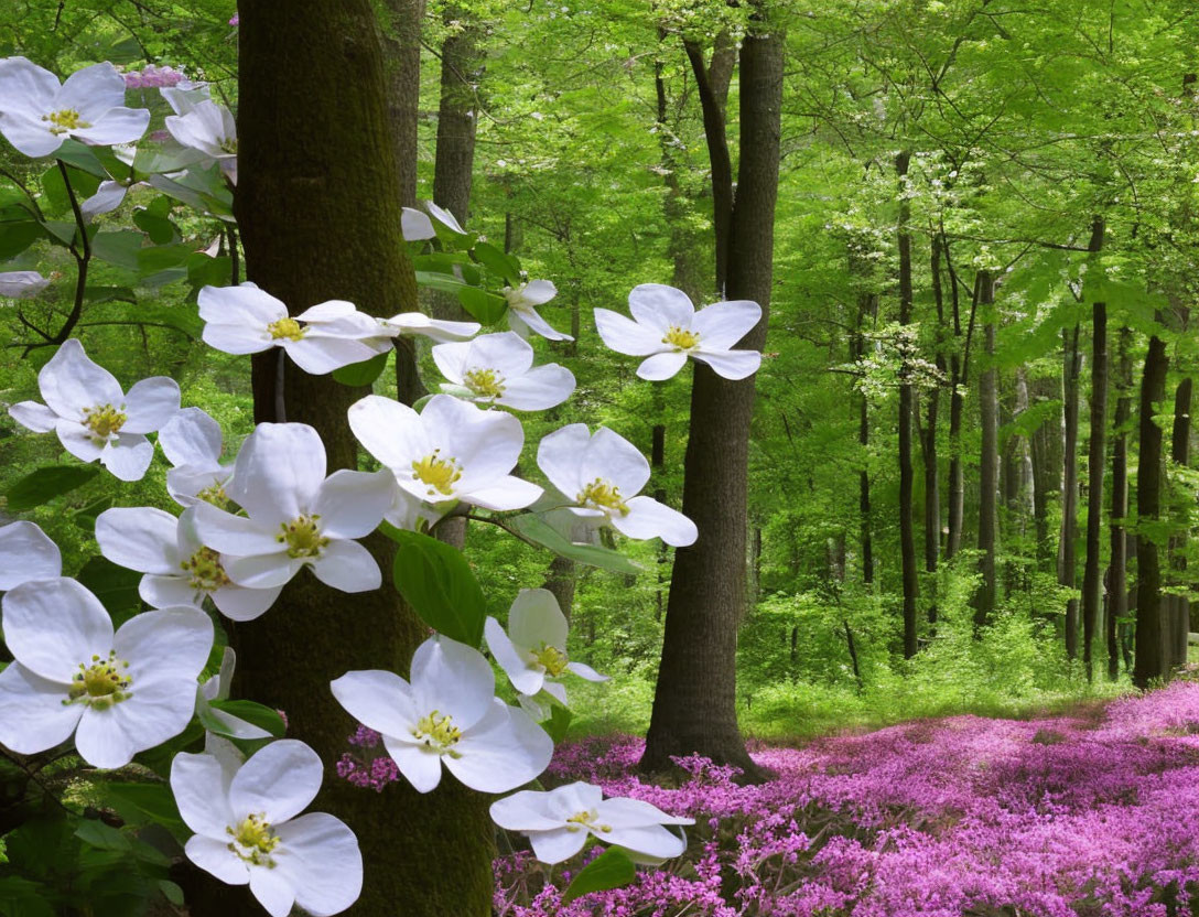 White Blossoms Against Vibrant Pink and Green Forest Background