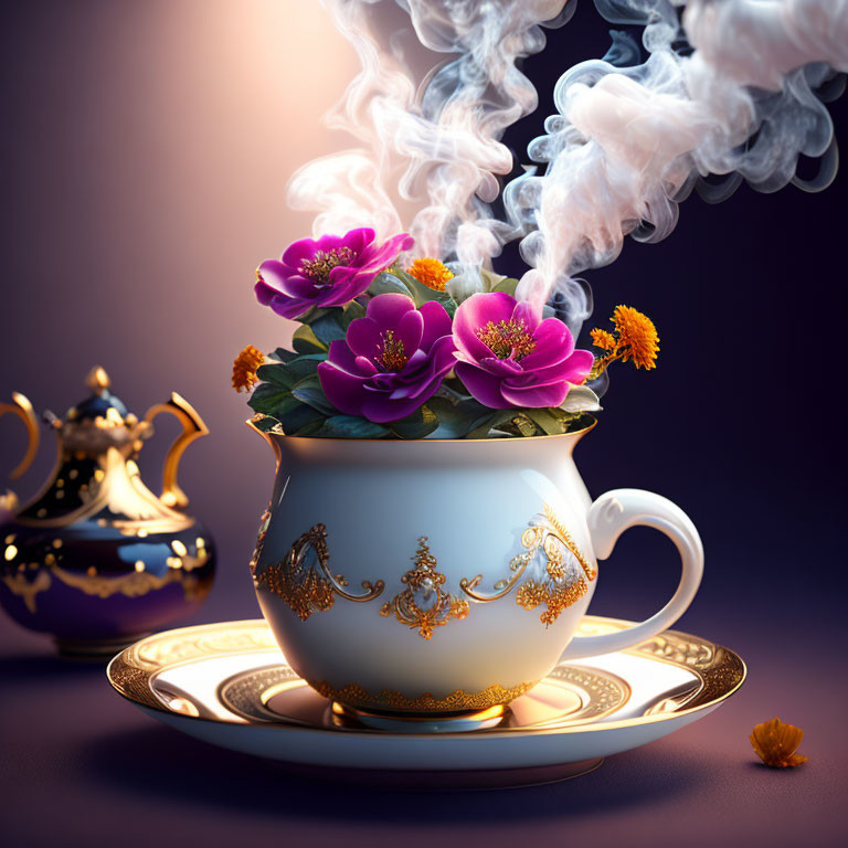 Steaming teacup with golden designs and blooming purple flowers on ornate teapot against purple