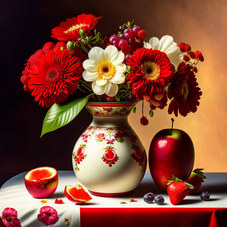 Colorful floral arrangement with red and white flowers and fresh fruits on a table