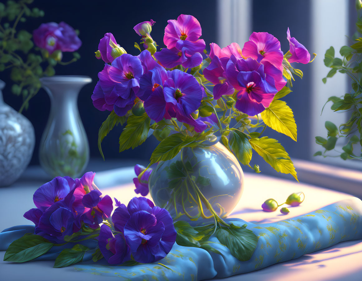 Purple flowers in glass vase on windowsill at twilight with patterned cloth