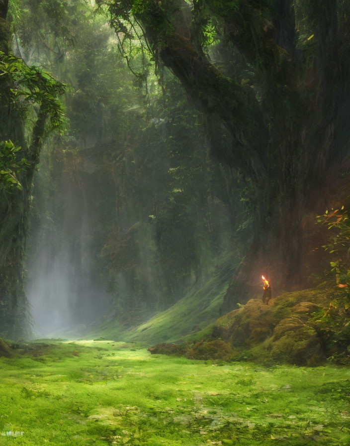 Lush green forest with towering trees and ethereal mist.