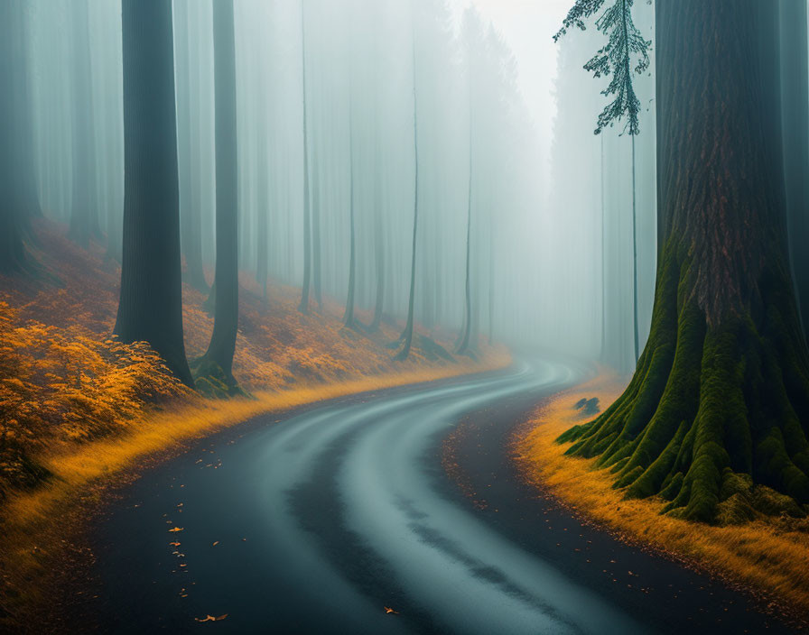 Misty forest with winding road and orange leaves