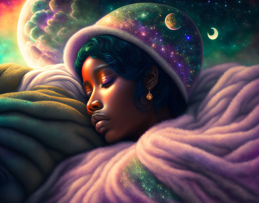 Digital artwork of woman with cosmic headpiece and vibrant blankets in celestial setting